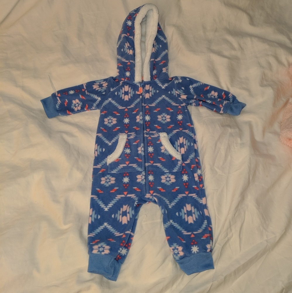 Carter's Hooded Blue Fleece Jumpsuit Size 3 mo